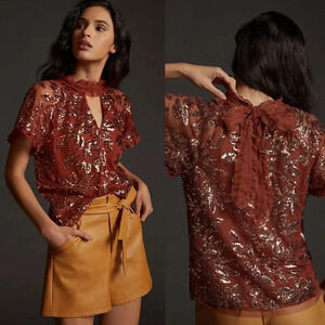 Anthropologie Cut-Out Sequined Blouse in Orange Size Small NWOT $130